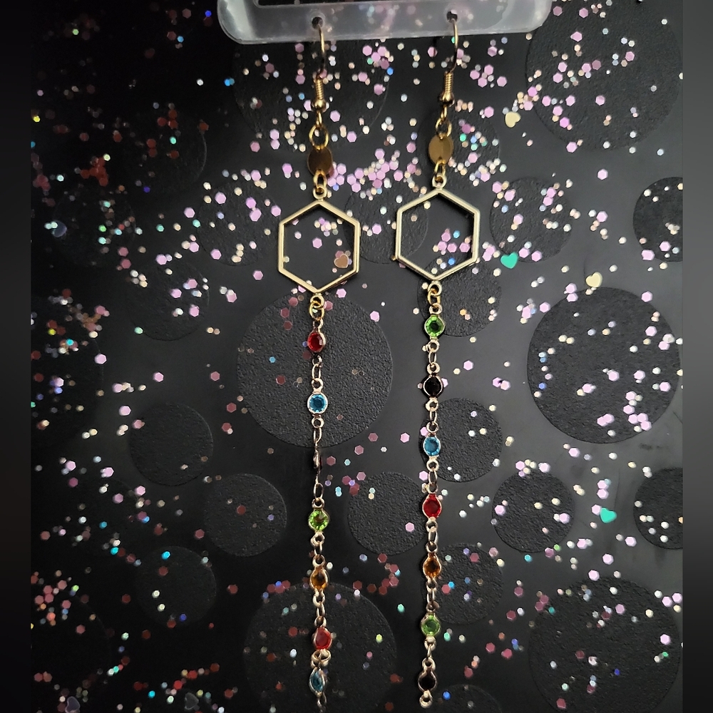 Elegant Gold Hexagon Drop Earrings with Multicolor Gems
